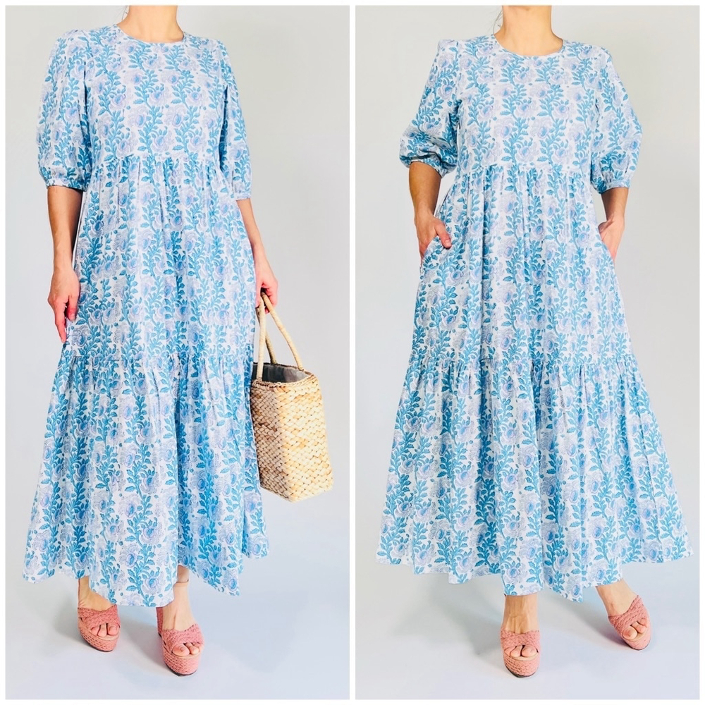 ZS BLOCKPRINTS Women's Floral Print Maxi Dress Size S Blue White - Picture 1 of 17